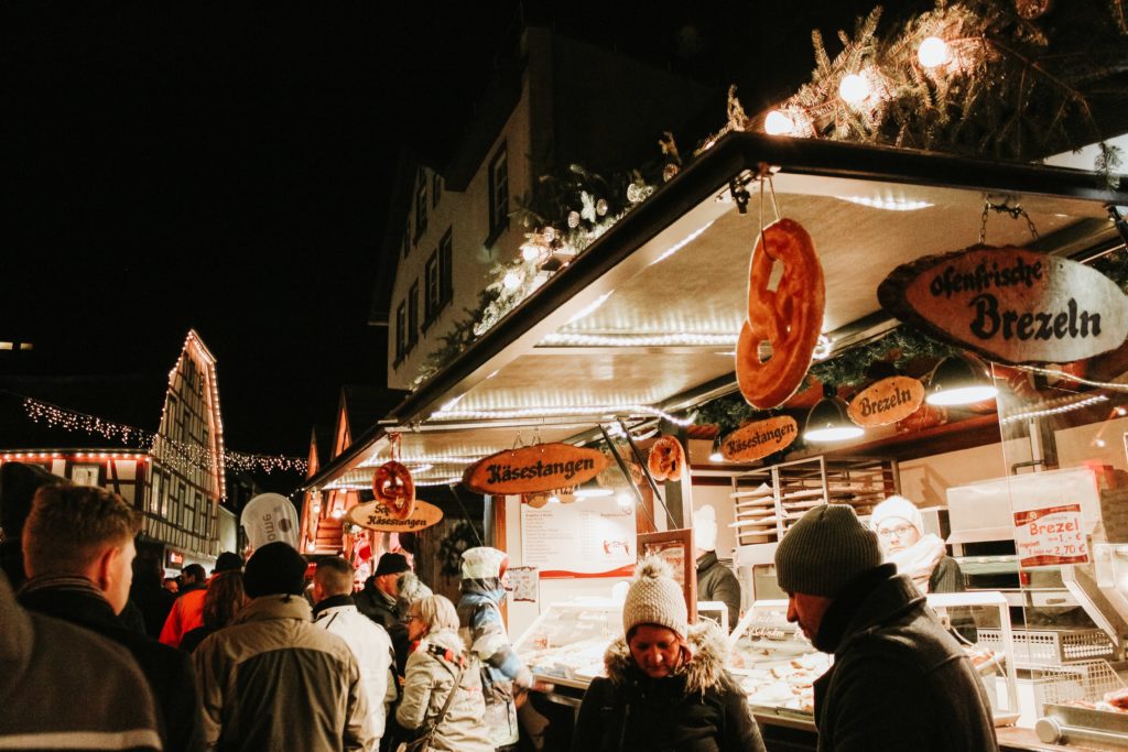 German Christmas Market Stand Selling Pretzels