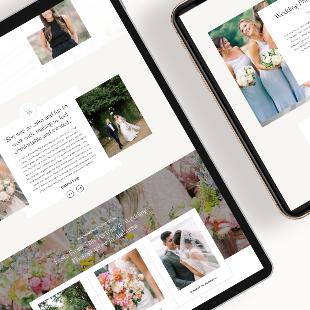 Mockups on a tablet screen and phone screen for a high-end website for an Alabama wedding photographer.