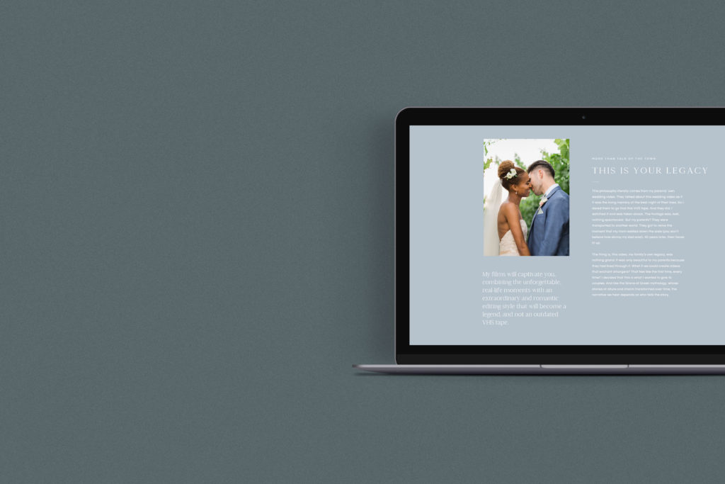 Wedding videographer website on Showit with Salted Pages copywriting. As seen on a laptop mockup with a teal background.