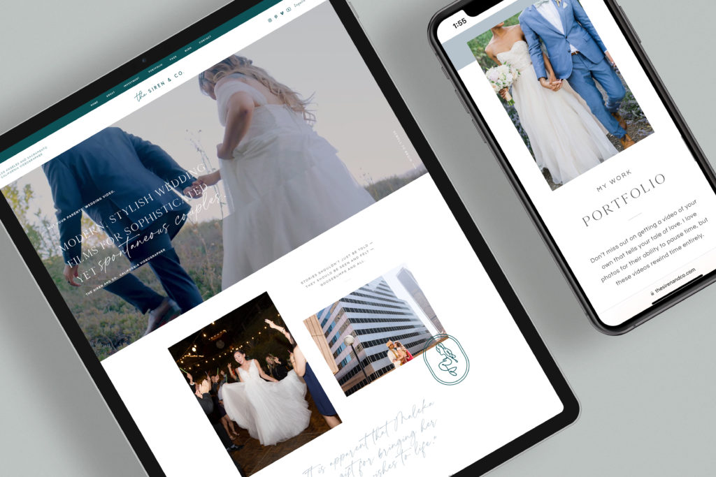 Wedding videographer website on Showit with Salted Pages copywriting - mocked up on an iPad and iPhone with a light grey/blue background