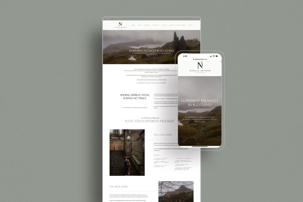 A mockup of the investment page on a Scotland photographer's elopement website.