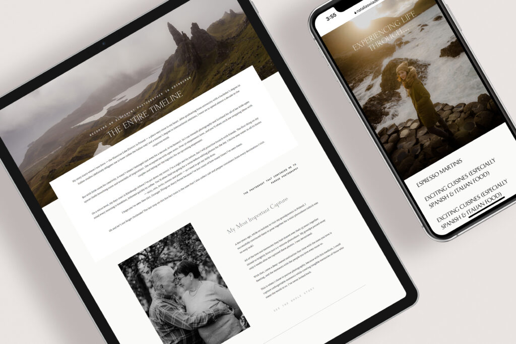 A mockup of the about page on a Scotland photographer's elopement website.