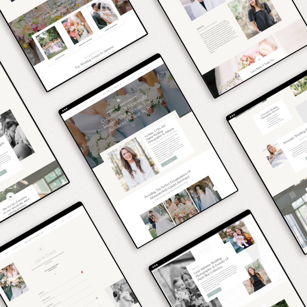 Mockups on a tablet screen for a high-end website for an Alabama wedding photographer.