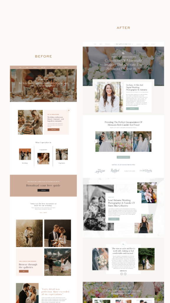 A before and after of the web design template used for this high-end website for a wedding photographer in Alabama.