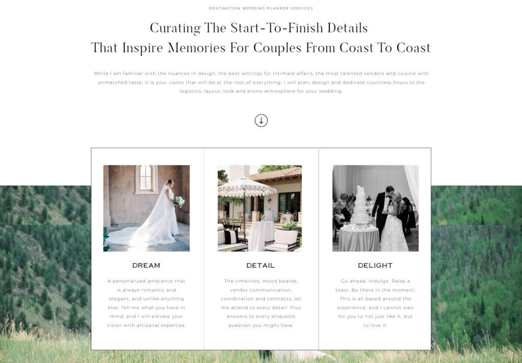 Example from a copywriter for a wedding planner. Designed on Showit and optimized for search engine rankings.