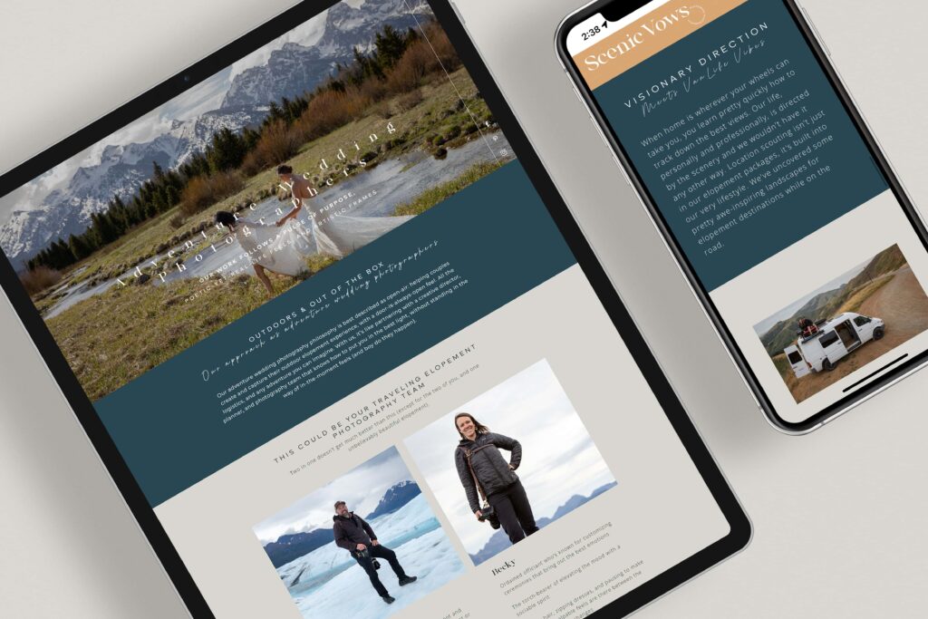 Adventure elopement photography website designed on a Northfolk Showit template - for Scenic Vows