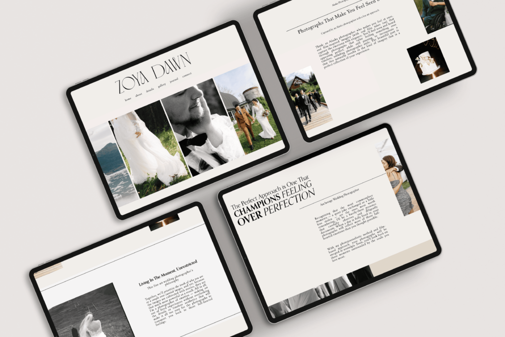 A mockup of this creative photography website on four tablets to show the unique copywriting style.