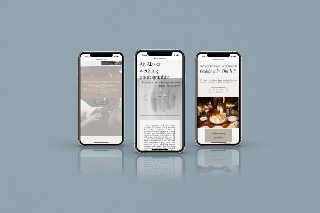 A mockup of this creative photography website on three phones to show the unique copywriting style.