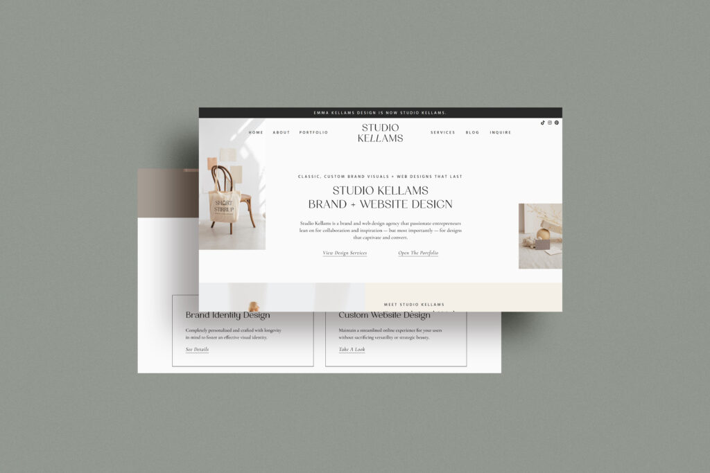 An example of timeless web design and copywriting for Studio Kellams on two desktop displays.
