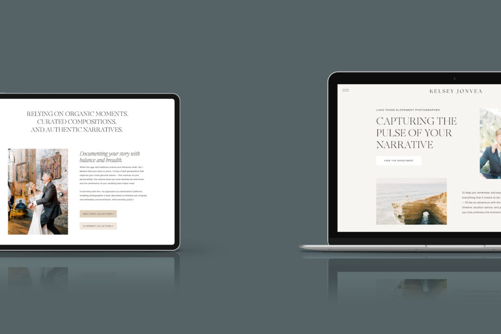 A mockup of a photographer's website using the Vesper and Side Car tonic website templates