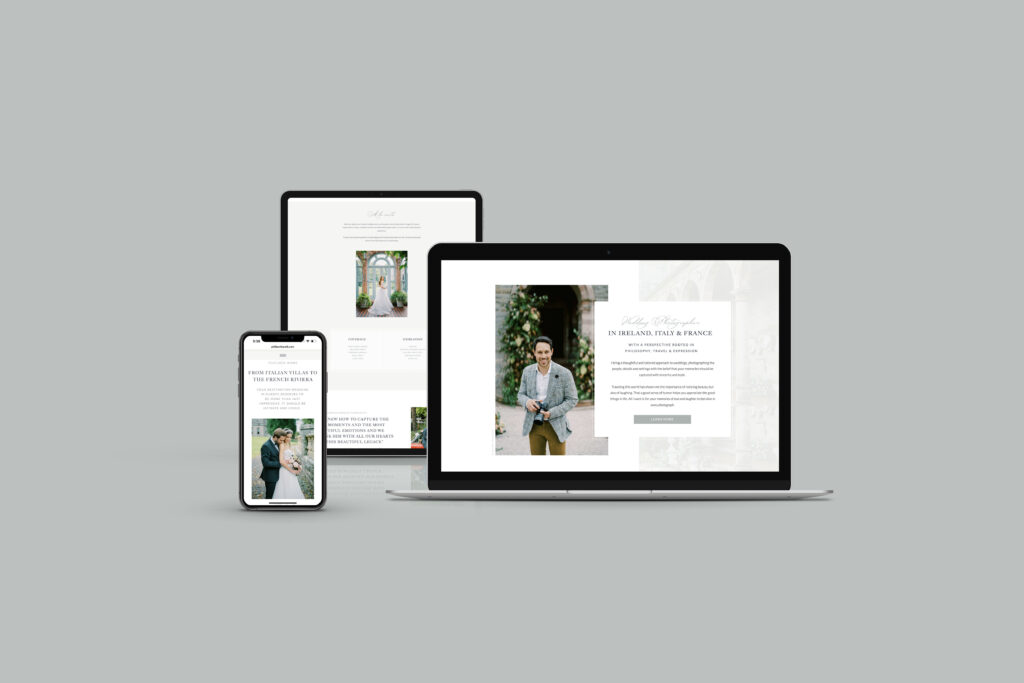 Mock-up example of a website for photographers in the UK on a phone, laptop, and iPad.