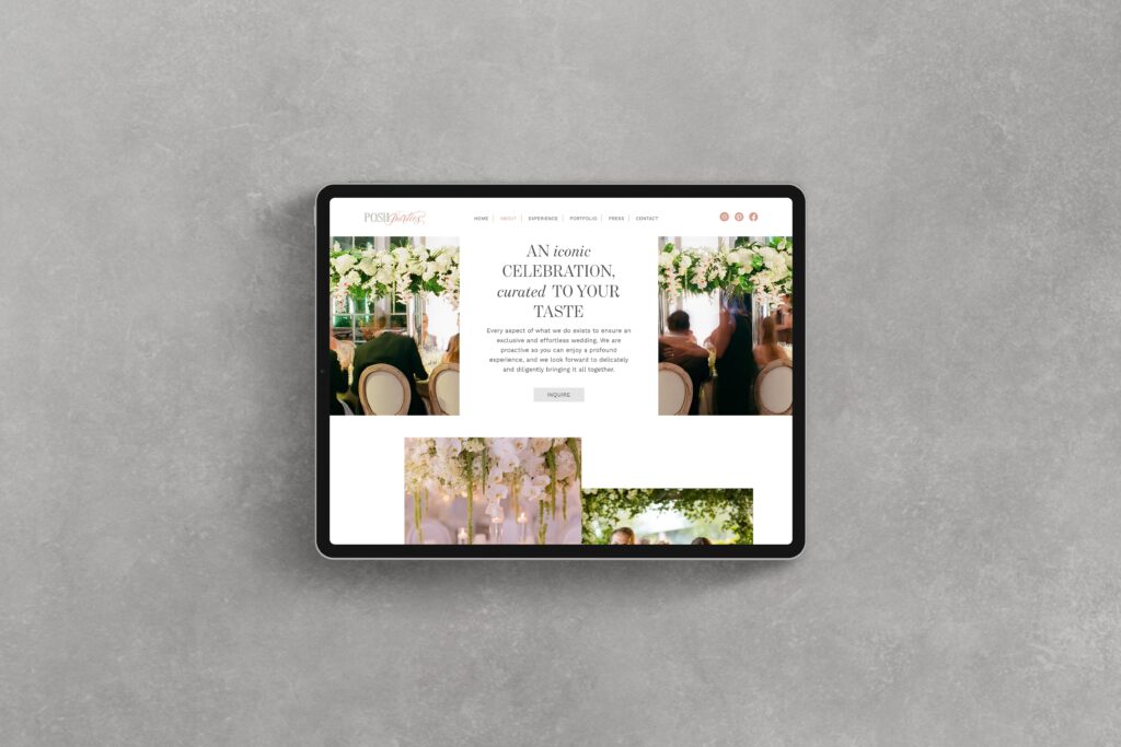 Mockup of the wedding planner website for Posh Parties on a tablet.