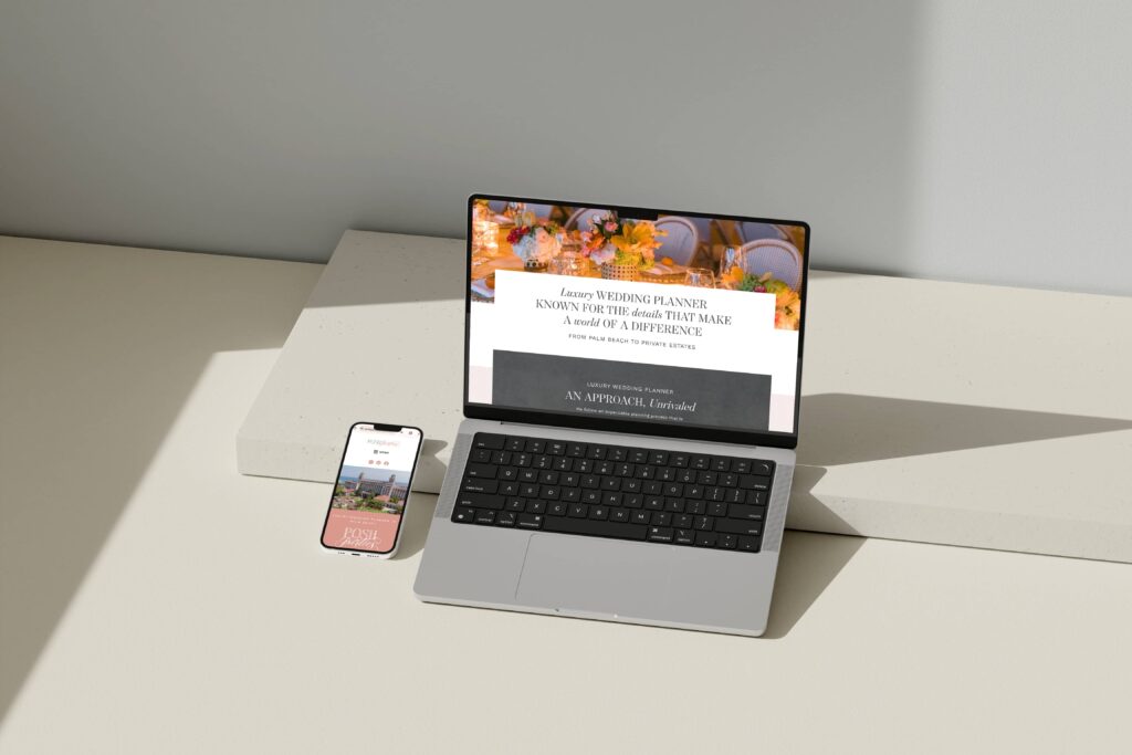 Mockup of the wedding planner website for Posh Parties on a laptop and phone.