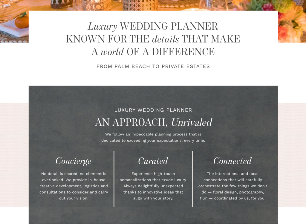 A sample on Posh Parties wedding planner website.